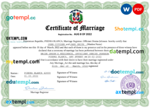 Dominican Republic marriage certificate Word and PDF template, fully editable