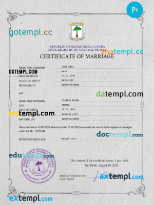 Equatorial Guinea marriage certificate PSD template, fully editable