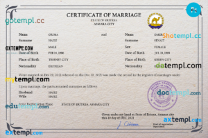 Eritrea marriage certificate PSD template, completely editable