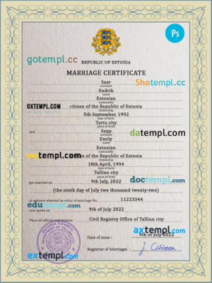 Estonia marriage certificate PSD template, fully editable