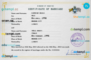 Eswatini marriage certificate PSD template, completely editable