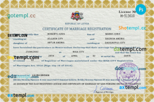 Latvia marriage certificate PSD template, fully editable