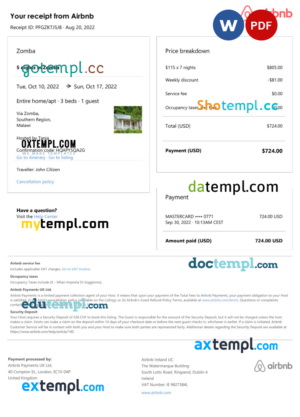 Dominican Republic Airbnb booking confirmation Word and PDF template