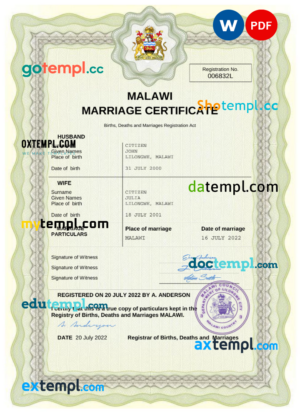 Malawi marriage certificate PSD template, fully editable