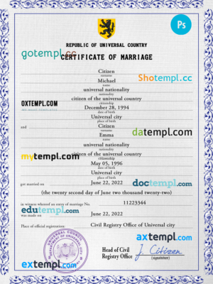 # acute project universal marriage certificate PSD template, completely editable