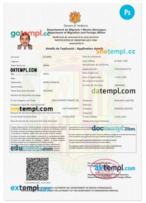 Andorra e-visa PSD template, completely editable, with fonts Andorra e-visa PSD template, completely editable, with fonts