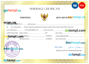 Indonesia marriage certificate Word and PDF template, completely editable