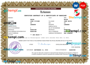 Lebanon marriage certificate Word and PDF template, completely editable