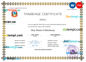 Nepal marriage certificate Word and PDF template, fully editable