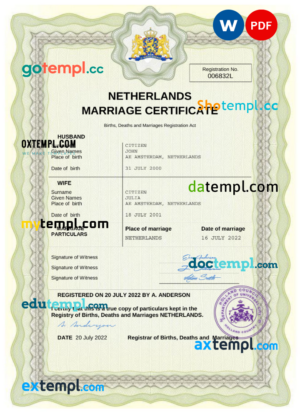 Netherlands marriage certificate Word and PDF template, fully editable