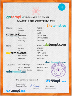 Oman marriage certificate PSD template, completely editable