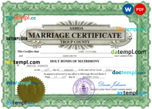 Samoa marriage certificate Word and PDF template, fully editable