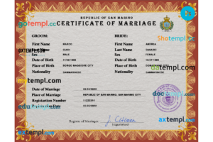San Marino marriage certificate PSD template, fully editable