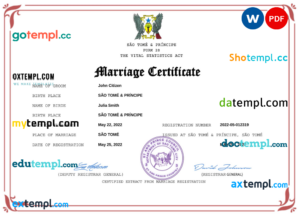 Sao Tome and Principe marriage certificate Word and PDF template, fully editable
