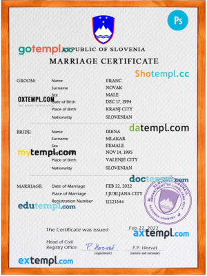 Slovenia marriage certificate PSD template, completely editable