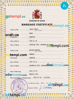 Spain marriage certificate PSD template, fully editable