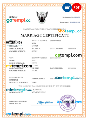 Sudan marriage certificate Word and PDF template, fully editable
