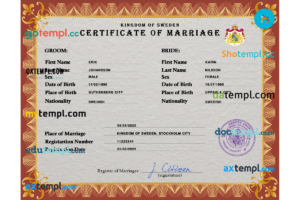 Sweden marriage certificate PSD template, fully editable