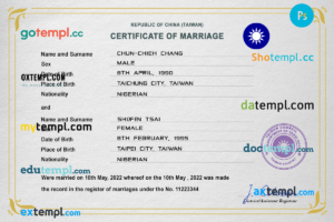 Taiwan marriage certificate PSD template, fully editable