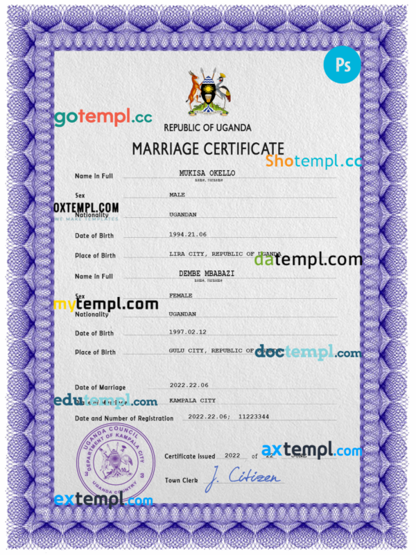 Uganda marriage certificate PSD template, completely editable
