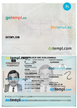 Colombia passport template in PSD format, fully editable, 2018 – present