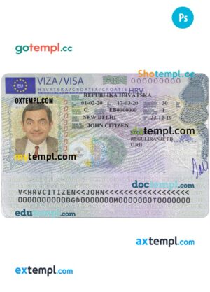 Croatia schengen visa PSD template, completely editable, with fonts