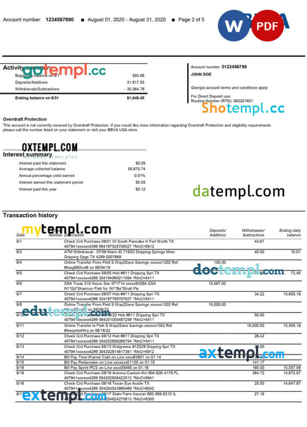 USA BBVA bank statement Word and PDF template, 5 pages