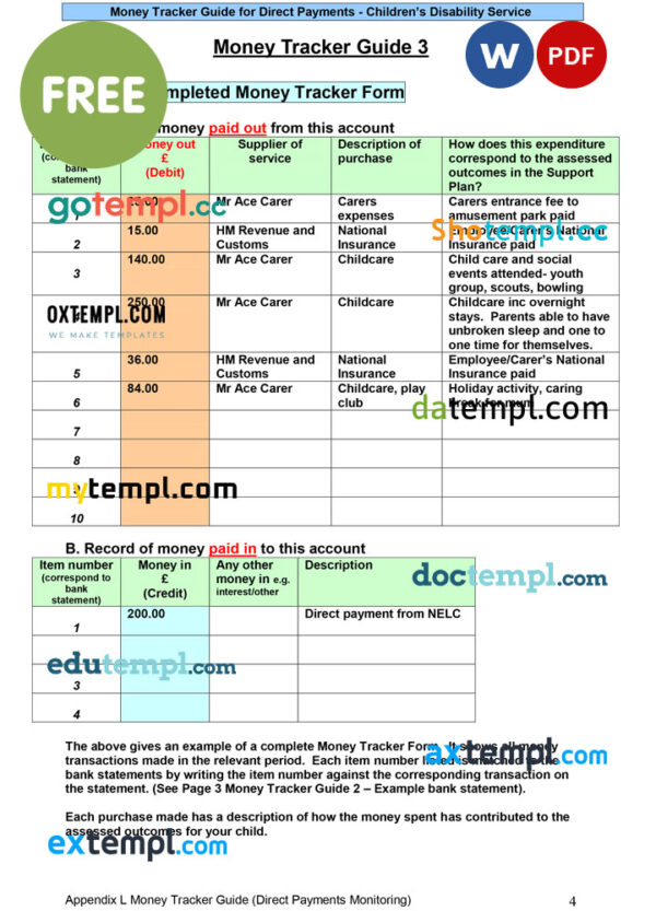 money tracker guide for direct payments – bank statement example, Word and PDF format