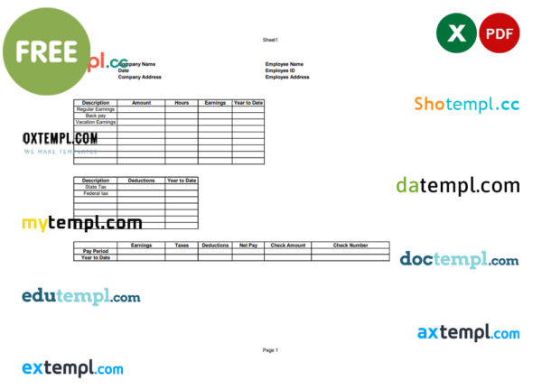 check stub template in Excel and PDF format, version 2