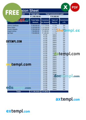 commission sheet template in Excel and PDF format