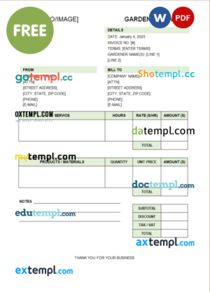 gardening invoice template in Word and PDF format, version 2