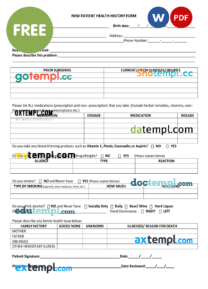 health history form template in Word and PDF format, version 15