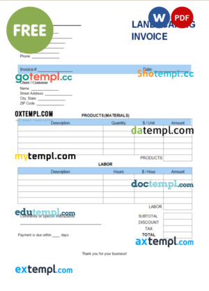landscaping invoice template in Word and PDF format