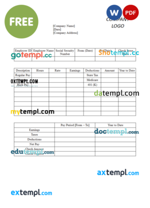 paycheck stub template in Word and PDF format, version 2