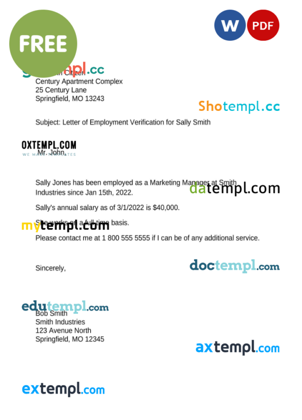 proof of employment letter template in Word and PDF format