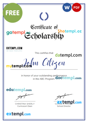 scholarship award template in Word and PDF format, version 7