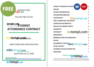 student attendance contract template, Word and PDF format