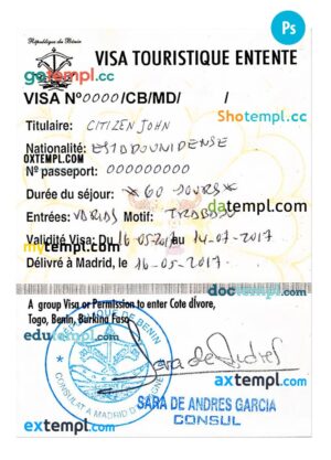 Cote D’Ivoire, Togo, Benin, Burkina Faso tourist visa PSD template, with fonts