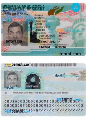 USA green card, permanent resident card PSD template, current version, 2023