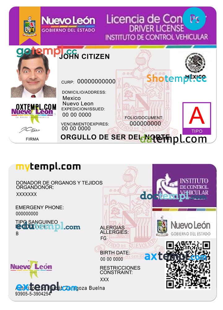 Mexico Nuevo Leon driving license template in PSD format, fully editable Mexico Nuevo Leon driving license template in PSD format, fully editable