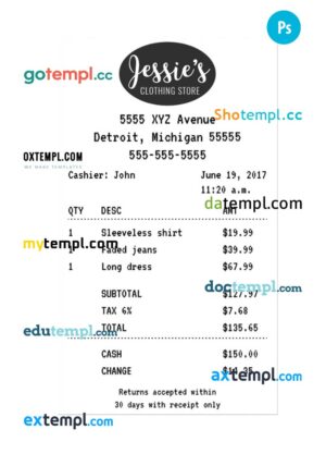 JESSIE’S CLOTHING STORE receipt PSD template