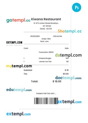 KIWANA RESTAURANT payment check PSD template