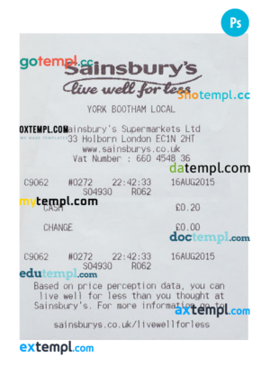 SAINSBURY’S payment receipt PSD template