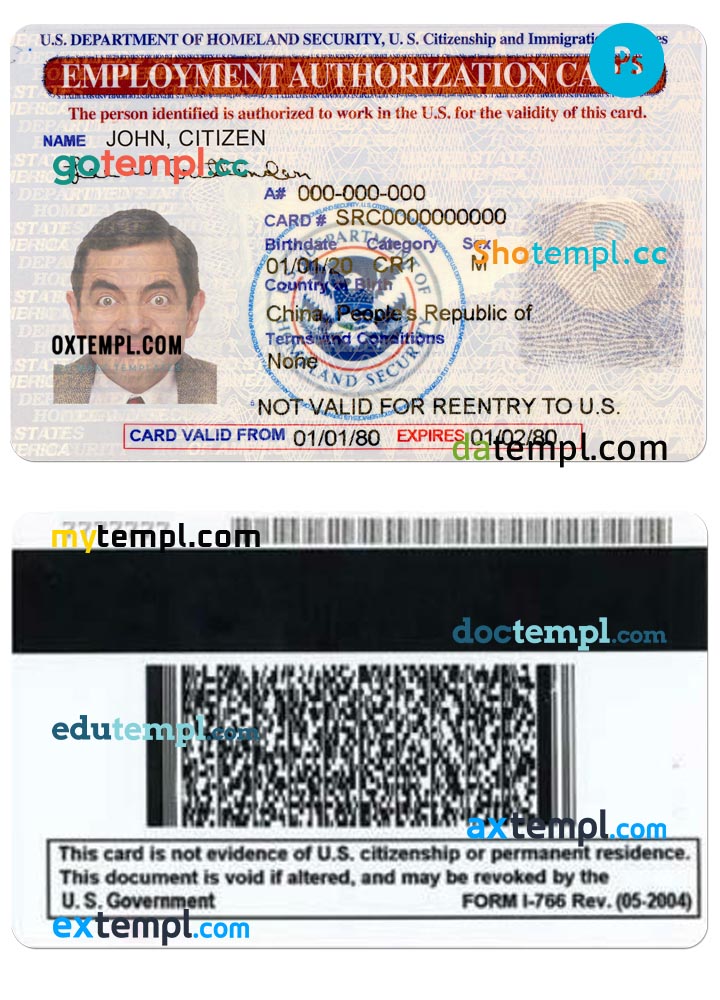 United States employment authorization card PSD template United States employment authorization card PSD template