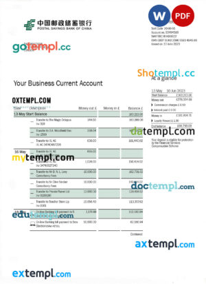 Postal Savings Bank firm account statement Word and PDF template