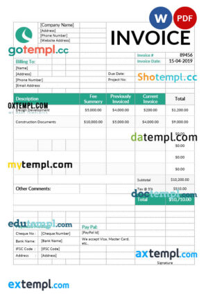 Architect Invoice template in word and pdf format