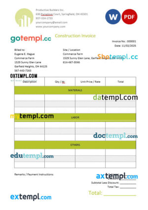 Blank Construction Invoice template in word and pdf format