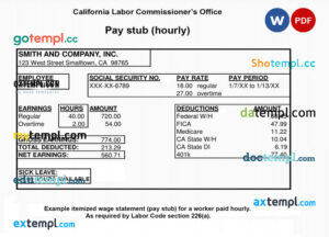 CALIFORNIA Labor Commissioner’s office pay stub template in PDF and Word format