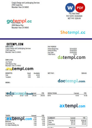 CRAIG’S Design and Landscapin Services pay stub template in Word and PDF formats