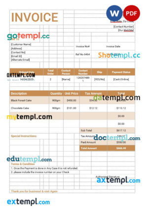 Cake Order Invoice template in word and pdf format